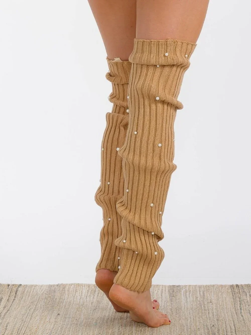 Leg Warmers One Size Taupe Pearl Ribbed Knit Over The Knee Slouchy Leg Warmers